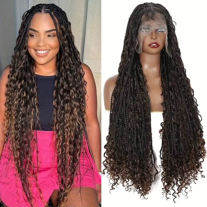 360'' HD Full Lace Knotless Boho Box Braid Wig with Curls