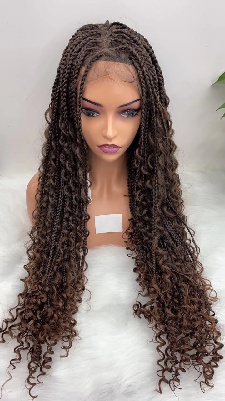 360'' HD Full Lace Knotless Boho Box Braid Wig with Curls