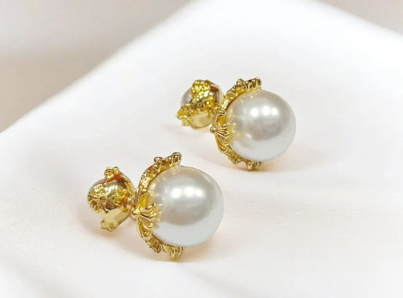 Double Pearl Golden Studs Earrings - Cross