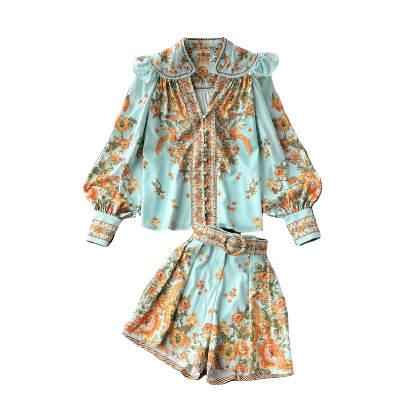 Zena Floral Blouse & Short Set - Blue