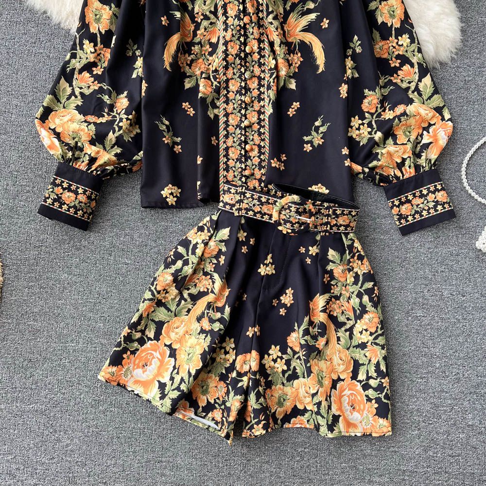 Zena Floral Blouse & Short Set - Black