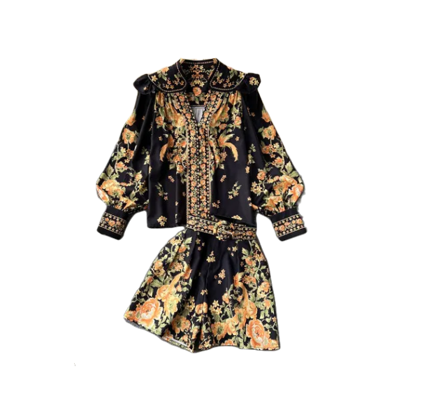 Zena Floral Blouse & Short Set - Black