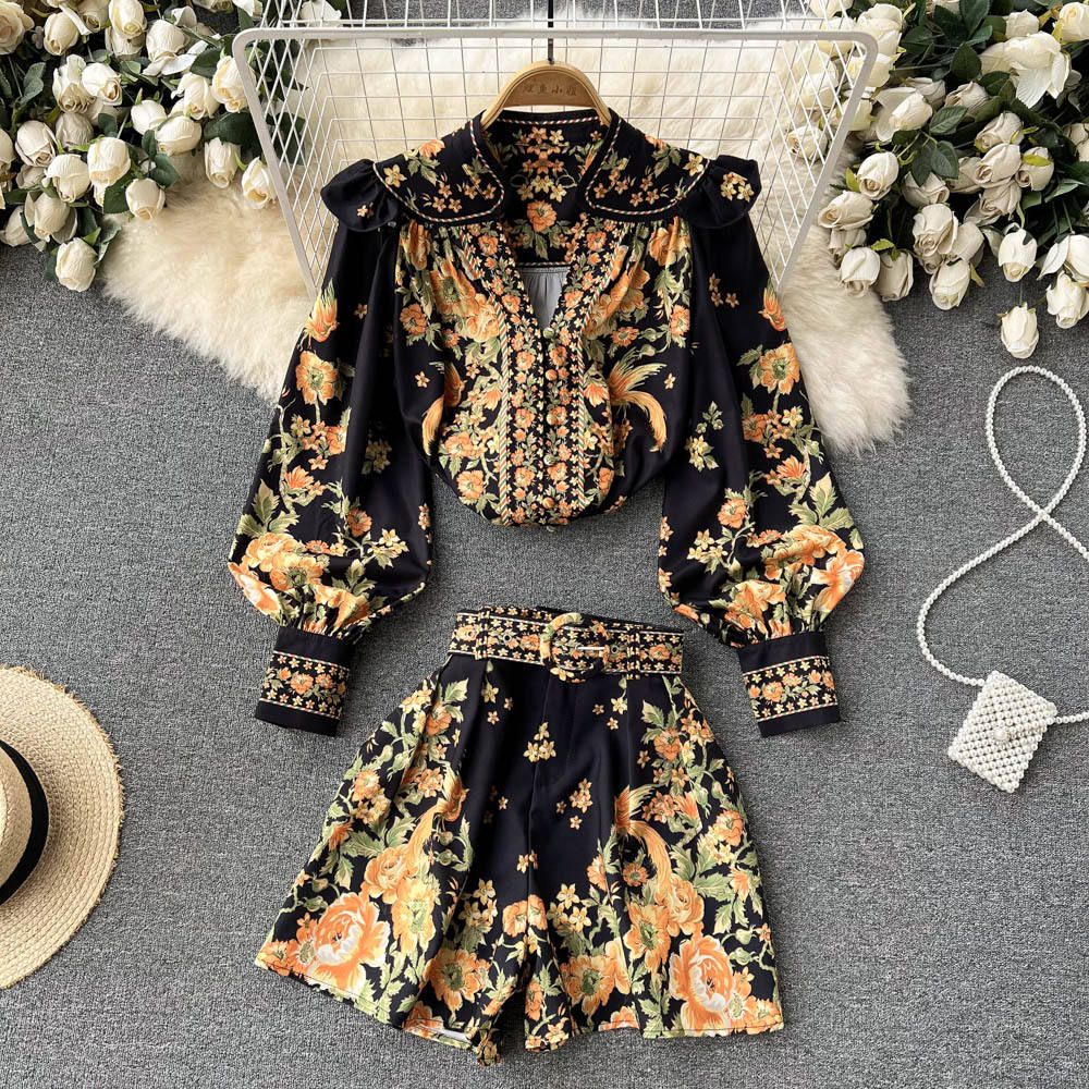 Zena Floral Blouse & Short Set - Black