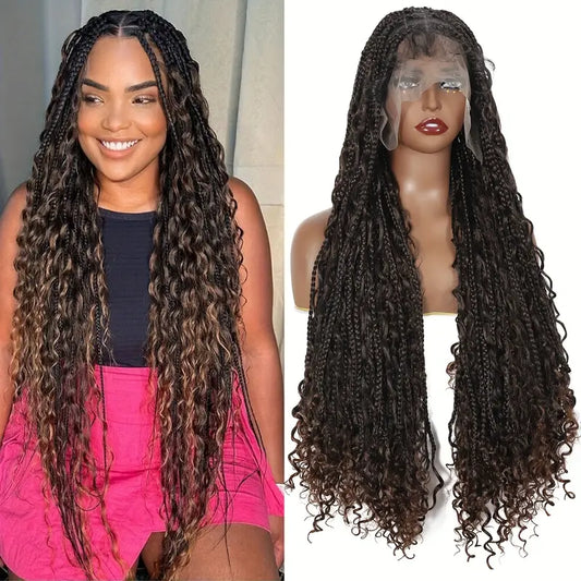360'' HD Full Lace Knotless Boho Box Braid Wig with Curls