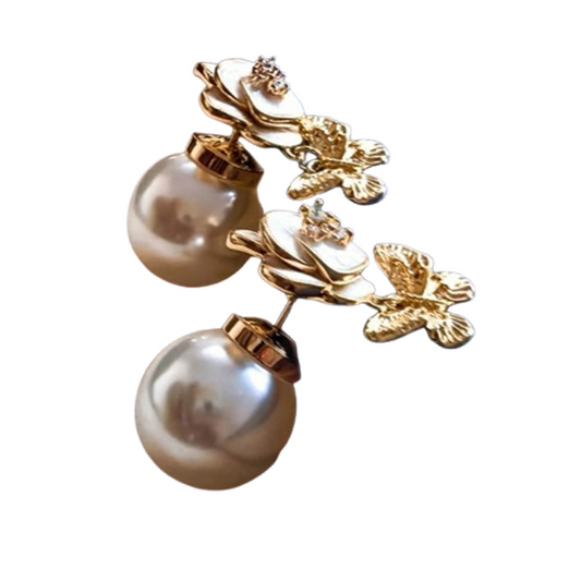Double Pearl Golden Studs Earrings - Butterfly