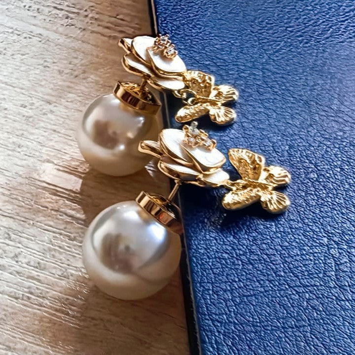 Double Pearl Golden Studs Earrings - Butterfly