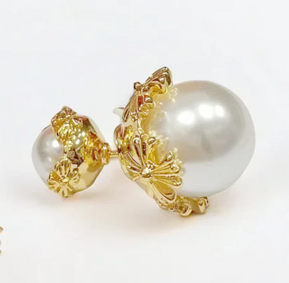 Double Pearl Golden Studs Earrings - Cross