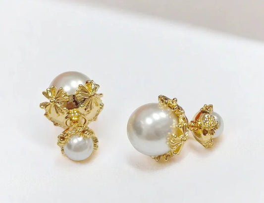 Double Pearl Golden Studs Earrings - Cross