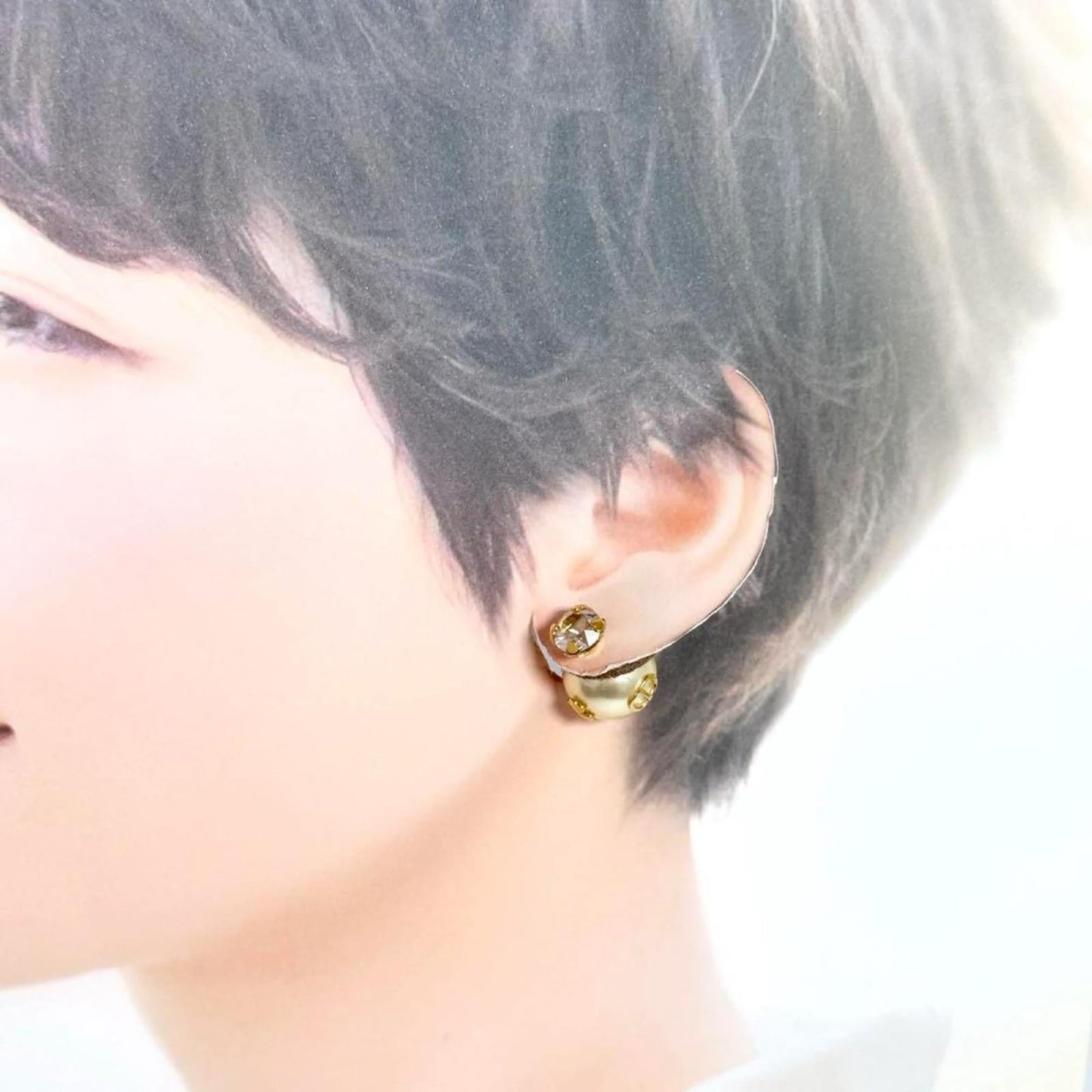 Double Pearl Golden Studs Earrings - Cross