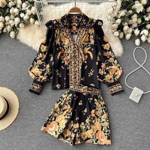 Zena Floral Blouse & Short Set - Black