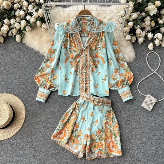 Zena Floral Blouse & Short Set - Blue