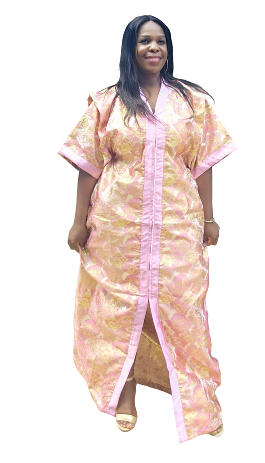The Loveth Damask Kimono Dress - Pink & Gold Floral