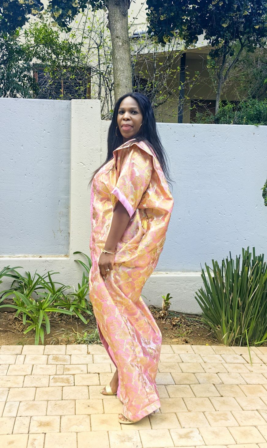 The Loveth Damask Kimono Dress - Pink & Gold Floral
