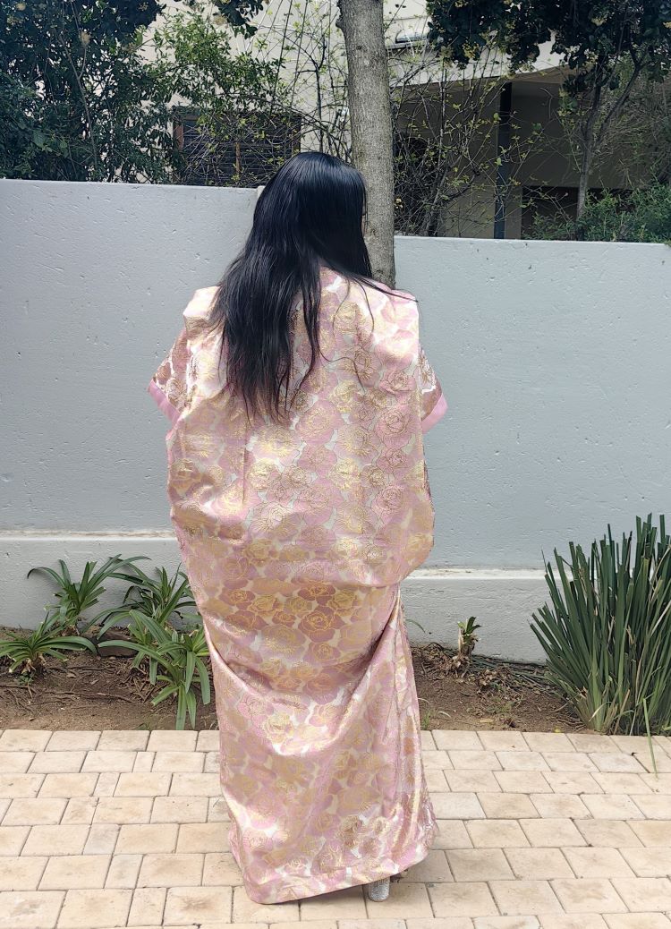 The Loveth Damask Kimono Dress - Pink & Gold Floral