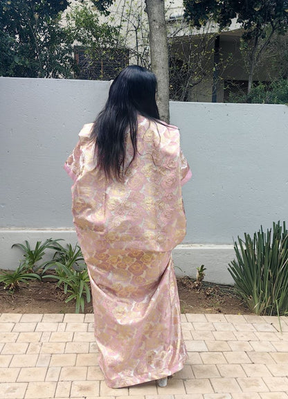 The Loveth Damask Kimono Dress - Pink & Gold Floral