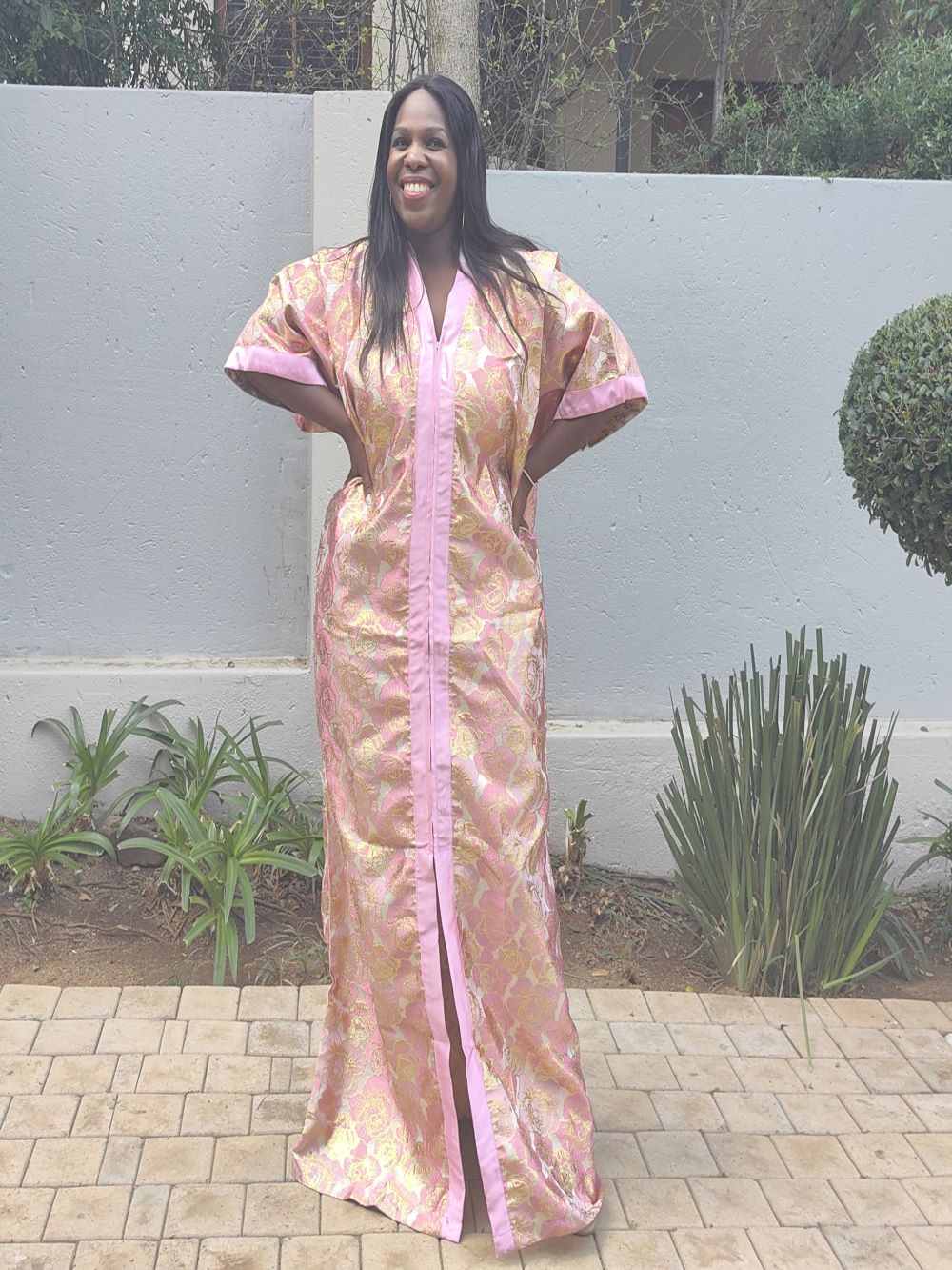 The Loveth Damask Kimono Dress - Pink & Gold Floral