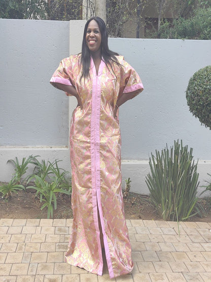 The Loveth Damask Kimono Dress - Pink & Gold Floral