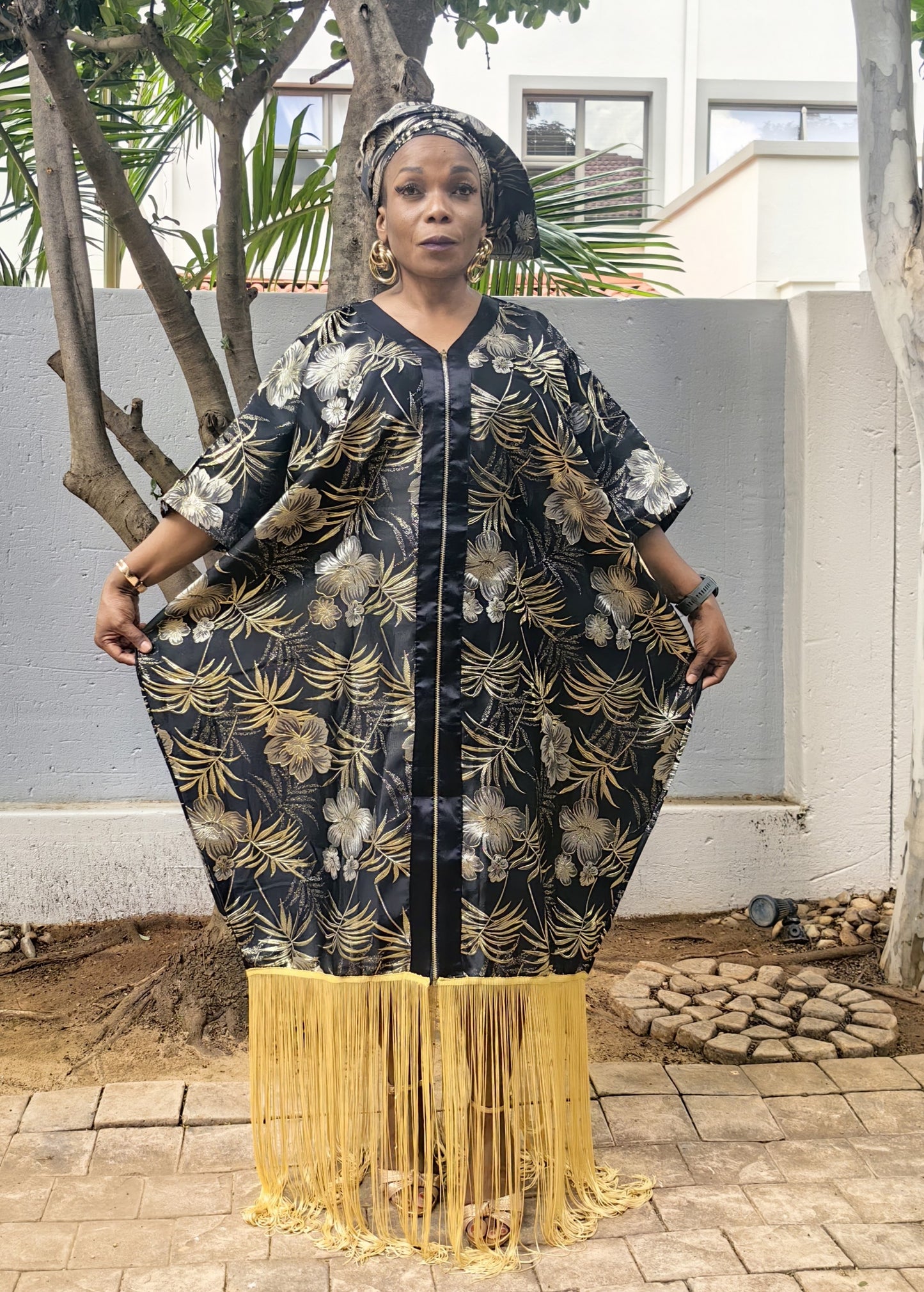 The Madame Slay Tassel Dress  - Black & Gold Floral