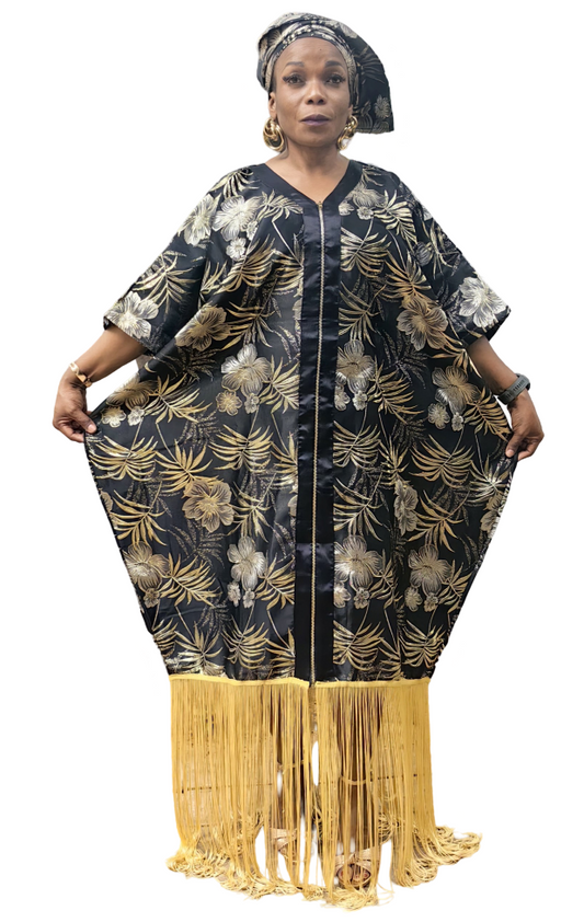 The Madame Slay Tassel Dress  - Black & Gold Floral