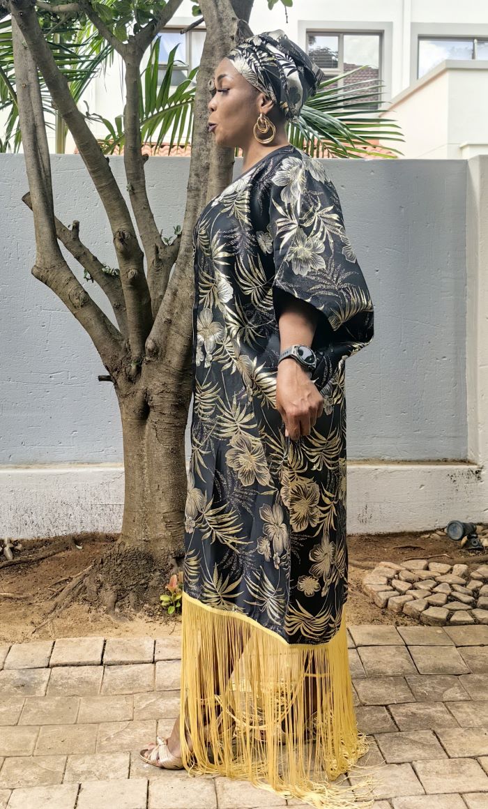 The Madame Slay Tassel Dress  - Black & Gold Floral
