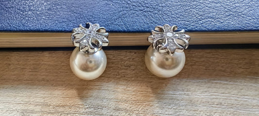 Double Pearl Silver Stud Earrings - Cross