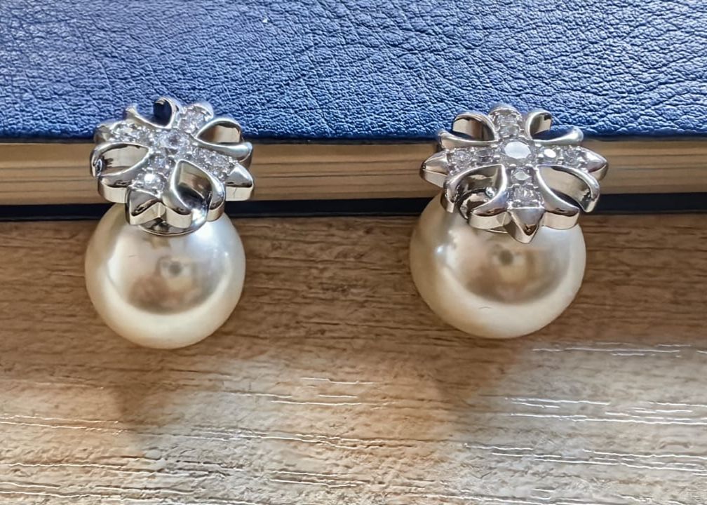 Double Pearl Silver Stud Earrings - Cross