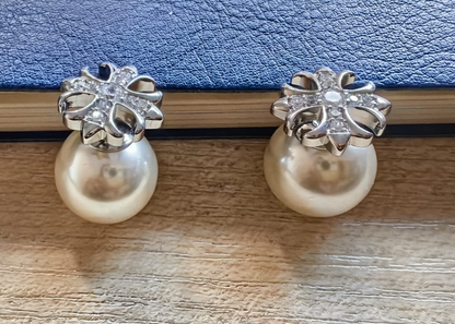 Double Pearl Silver Stud Earrings - Cross