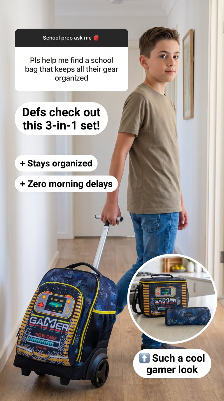 Gamer 3-in-1 Trolley Backpack School Bag Set