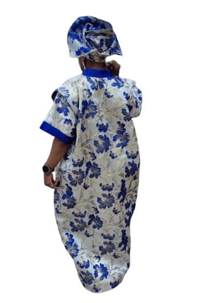 The Loveth Damask Kimono Dress - Blue & Gold Floral