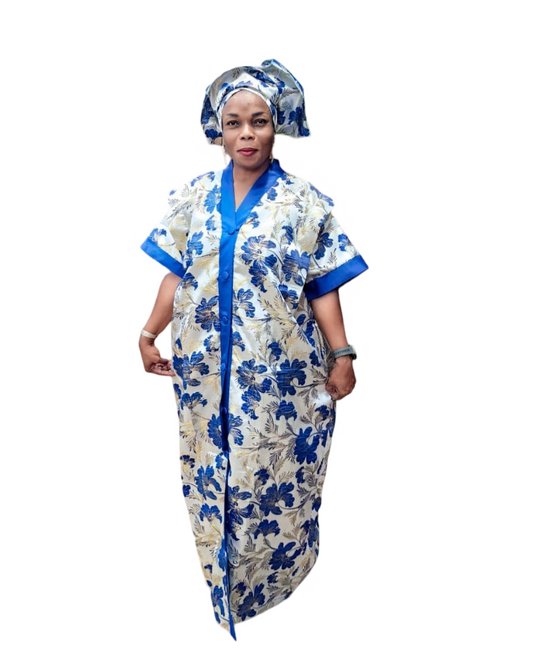 The Loveth Damask Kimono Dress - Blue & Gold Floral