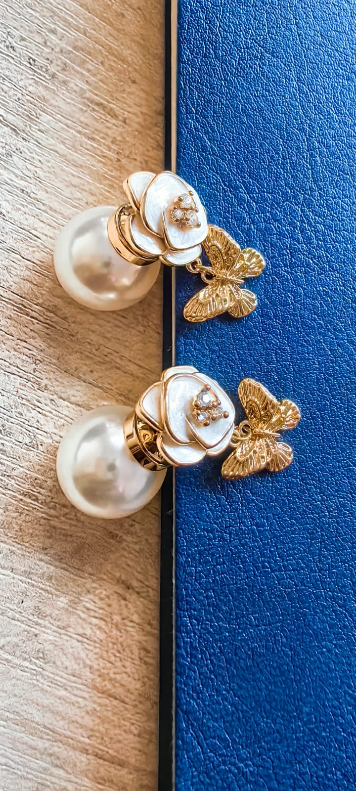 Double Pearl Golden Studs Earrings - Butterfly