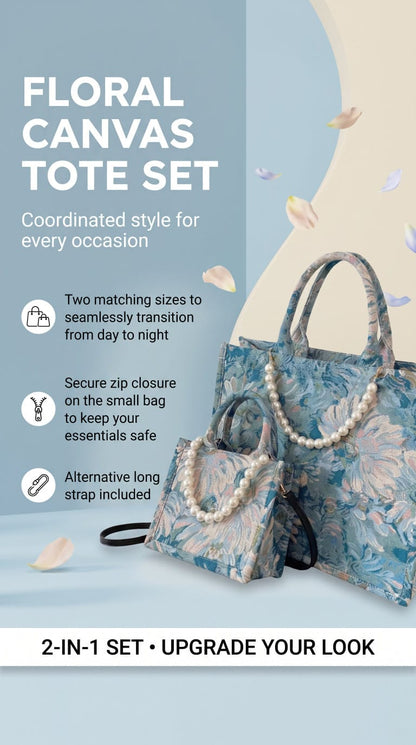 Floral Oil Painting Canvas Tote Bag (2-in-1 Bag Set)