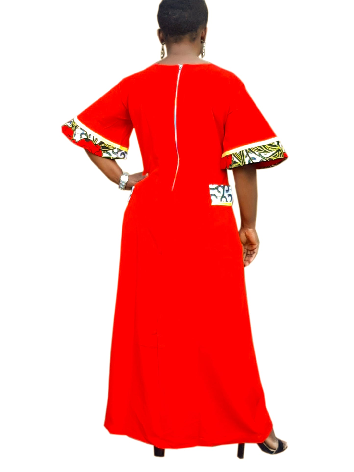 Ladies Red Crepe & Ankara Maxi Dress