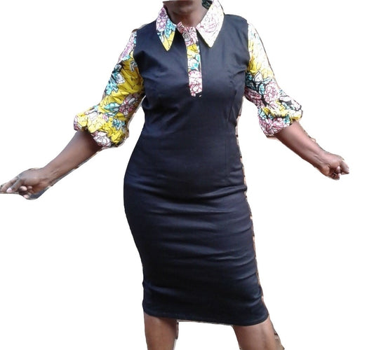 Ladies Black & Print Balloon Sleeves Dress - Size 12