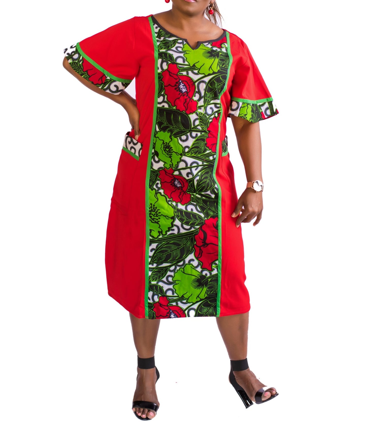 Ladies Red Crepe & Ankara Floral Dress