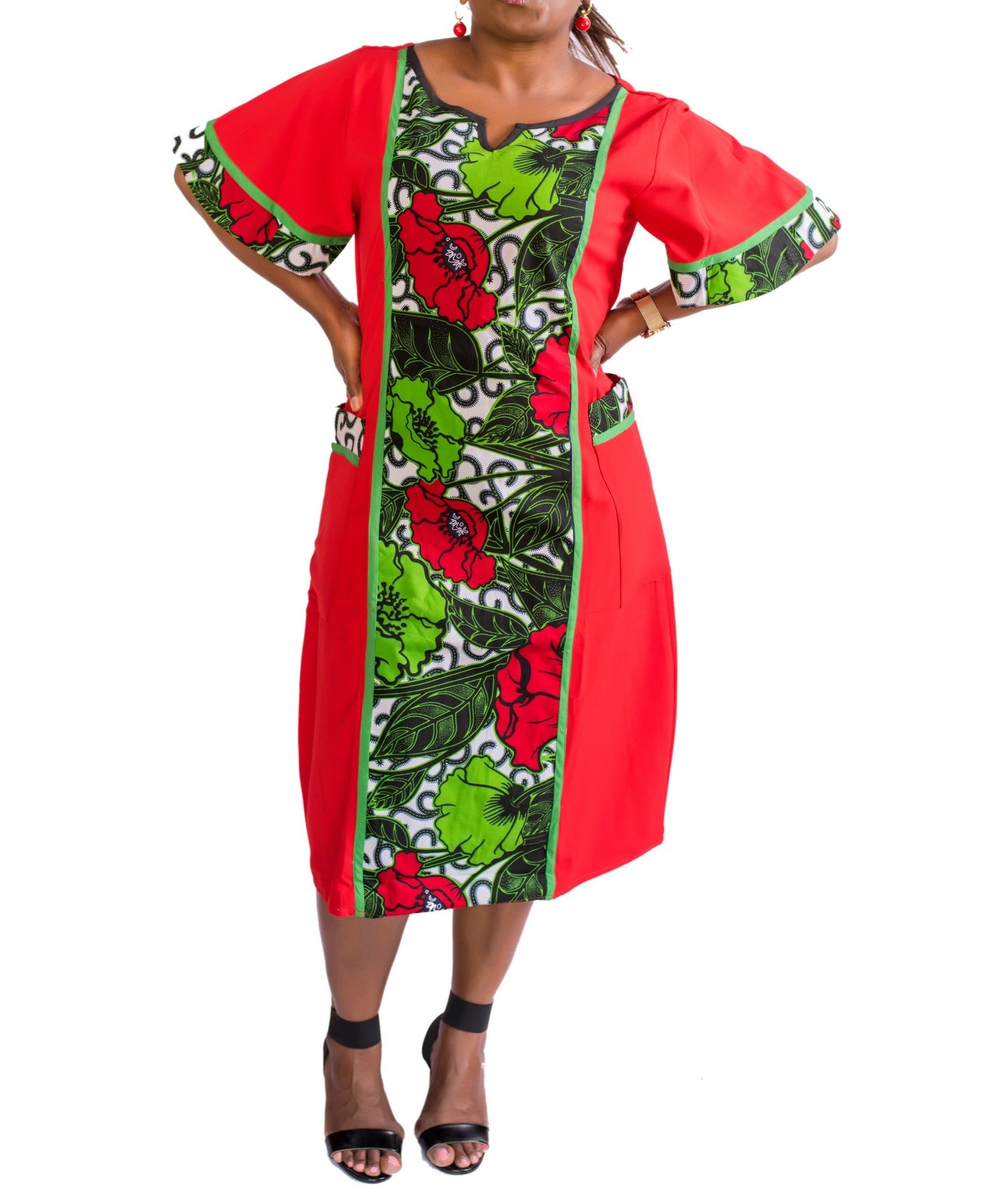 Ladies Red Crepe & Ankara Floral Dress