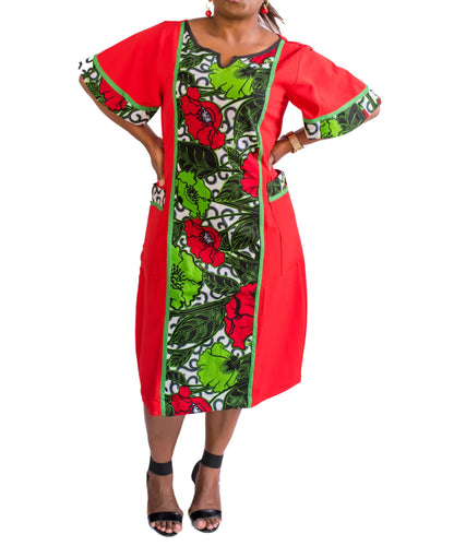 Ladies Red Crepe & Ankara Floral Dress