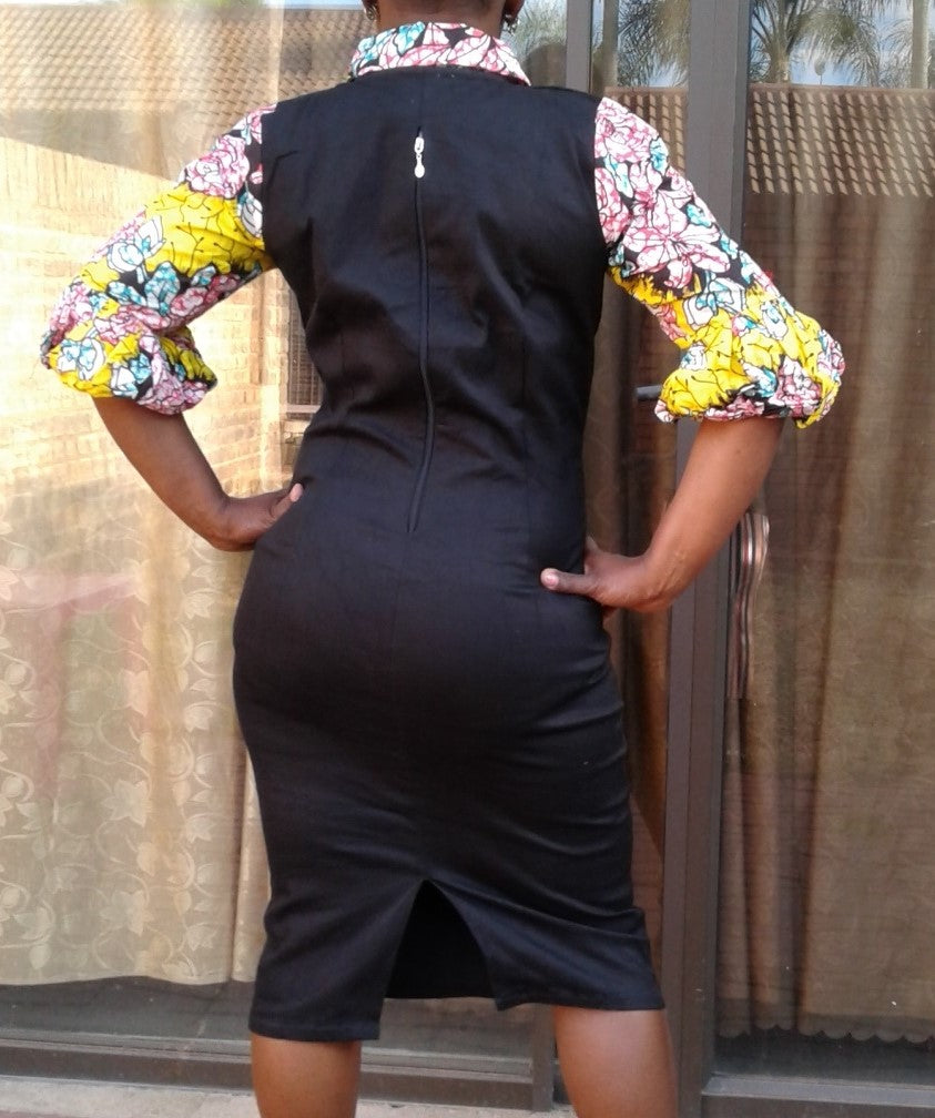 Ladies Black & Print Balloon Sleeves Dress - Size 12