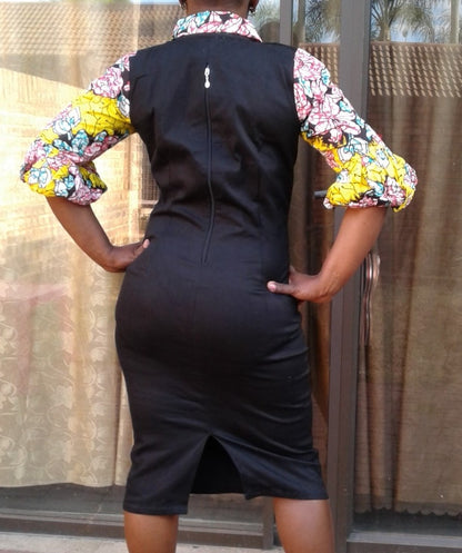 Ladies Black & Print Balloon Sleeves Dress - Size 12