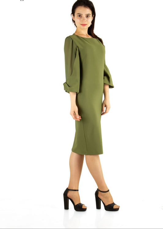 Tulle sleeves Dress - Dark Green