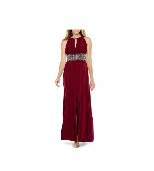 Keyhole Sleeveless Embellished Dress - Burgundy