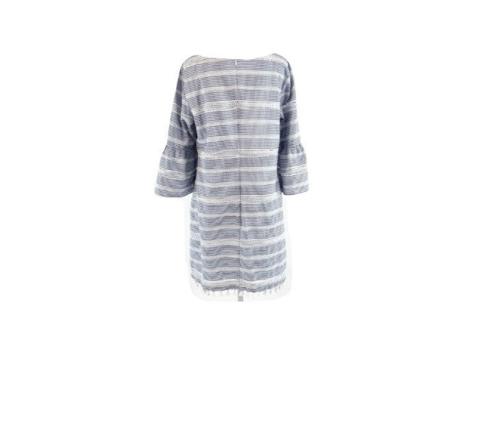Vince Camuto White & Blue Striped Bell sleeve Dress with Tassel hem