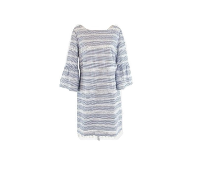 Vince Camuto White & Blue Striped Bell sleeve Dress with Tassel hem