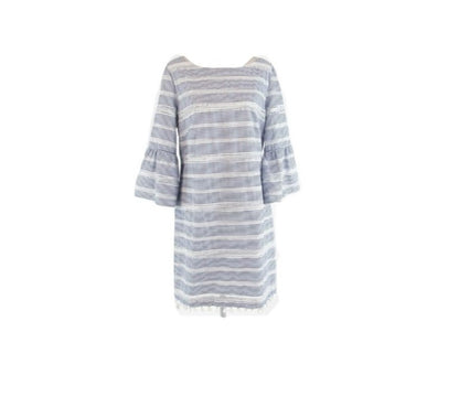 Vince Camuto White & Blue Striped Bell sleeve Dress with Tassel hem