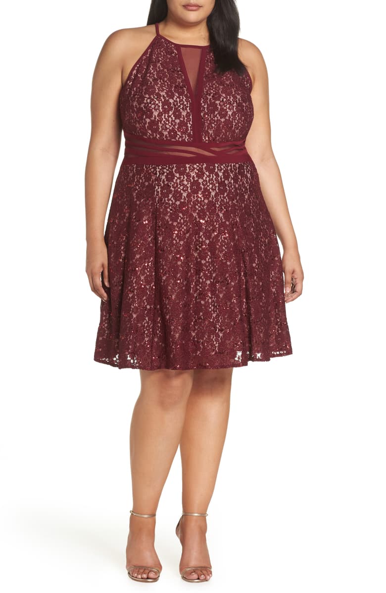 Morgan & Company Sheer Inset Lace Fit & Flare Dress