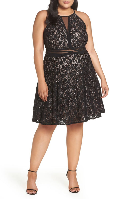 Morgan & Company Sheer Inset Lace Fit & Flare Dress