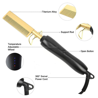Electric Hair Hot Comb for Women and Men - 2 in 1 Straightener/Curling iron
