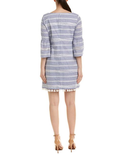 Vince Camuto White & Blue Striped Bell sleeve Dress with Tassel hem