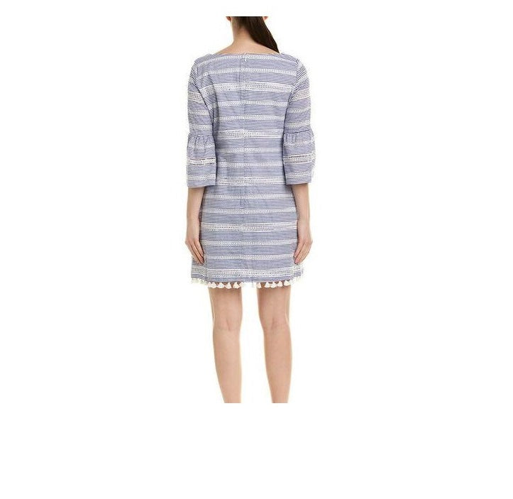 Vince Camuto White & Blue Striped Bell sleeve Dress with Tassel hem
